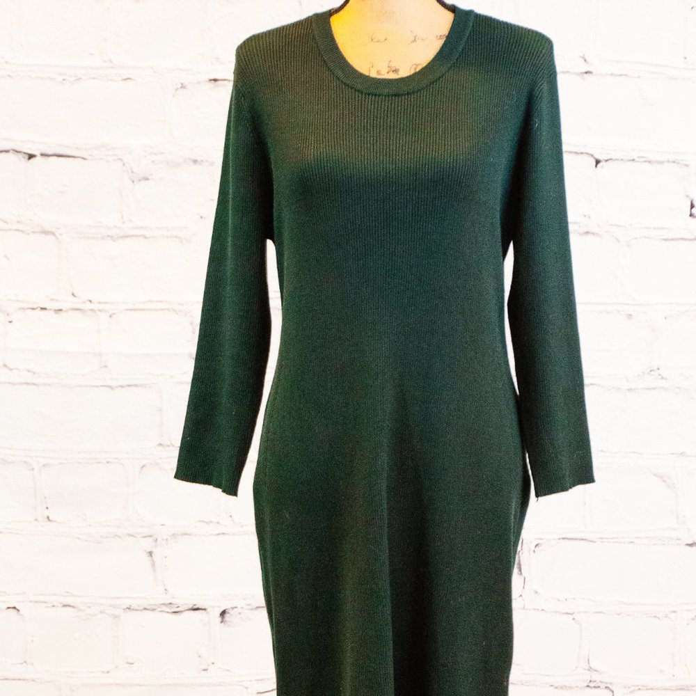 DKNY Forest Green Ribbed Knit Long Sleeve Dress